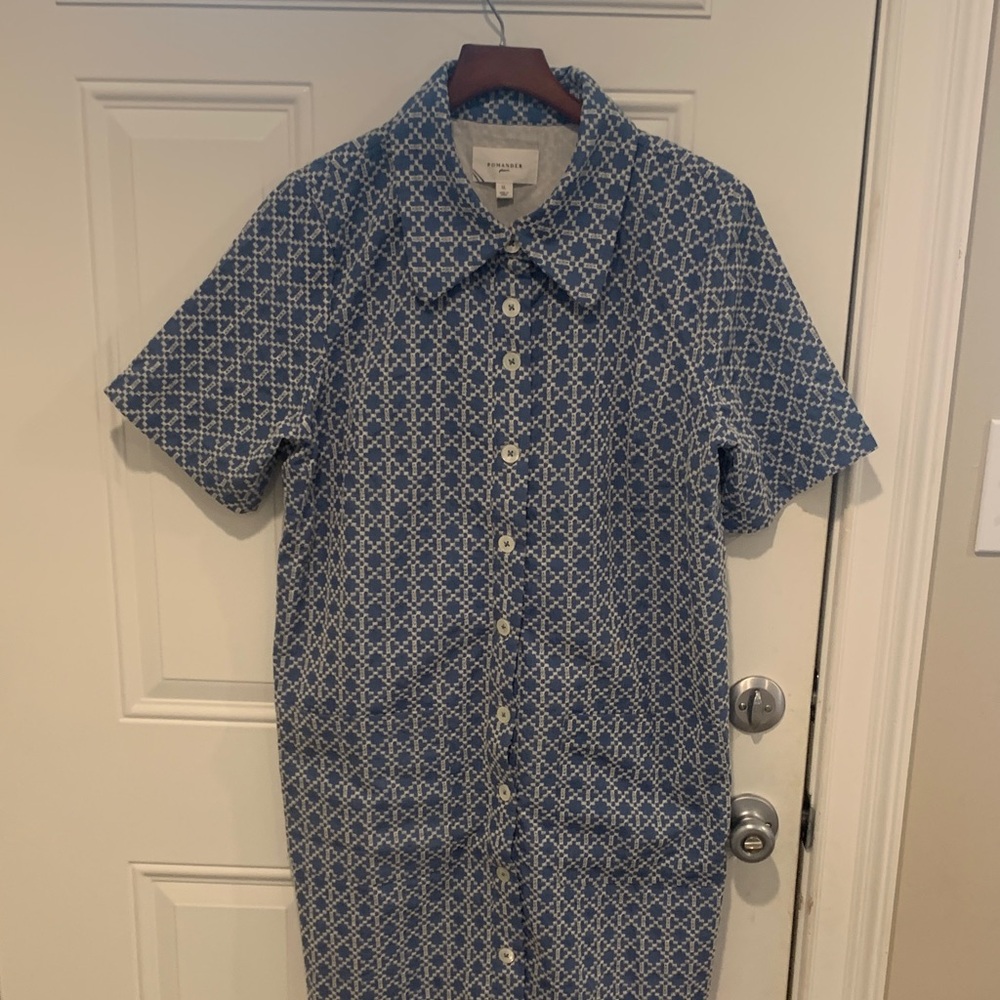 Pomander Place Blue and White Button-Up Dress